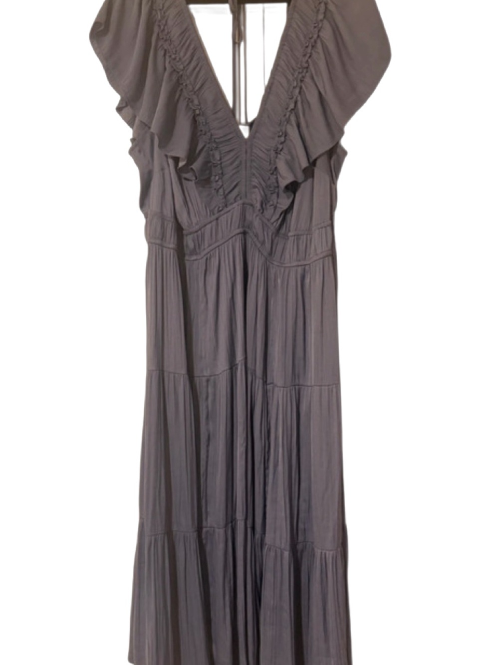 Anthropologie Dusty Blue Ruffle V-Neck Tiered Maxi Dress stretchy 2xl